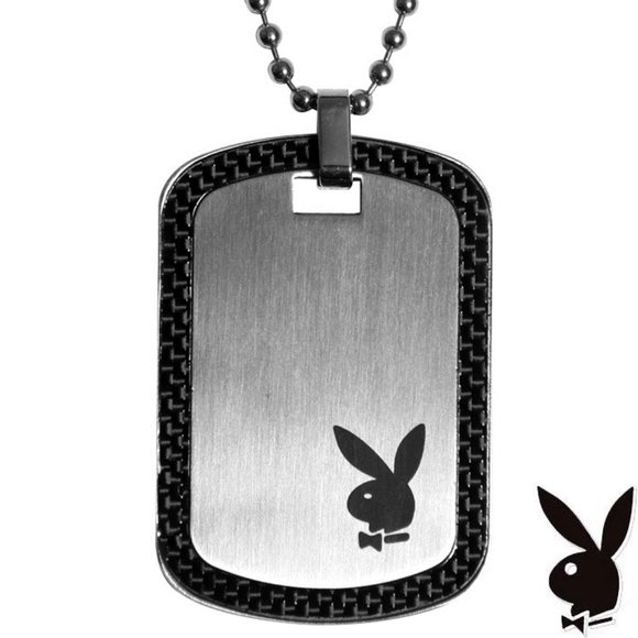 Men's Playboy Necklace Bunny Pendant Dog Tag Stainless Steel Black Carbon Fiber - Picture 2 of 8
